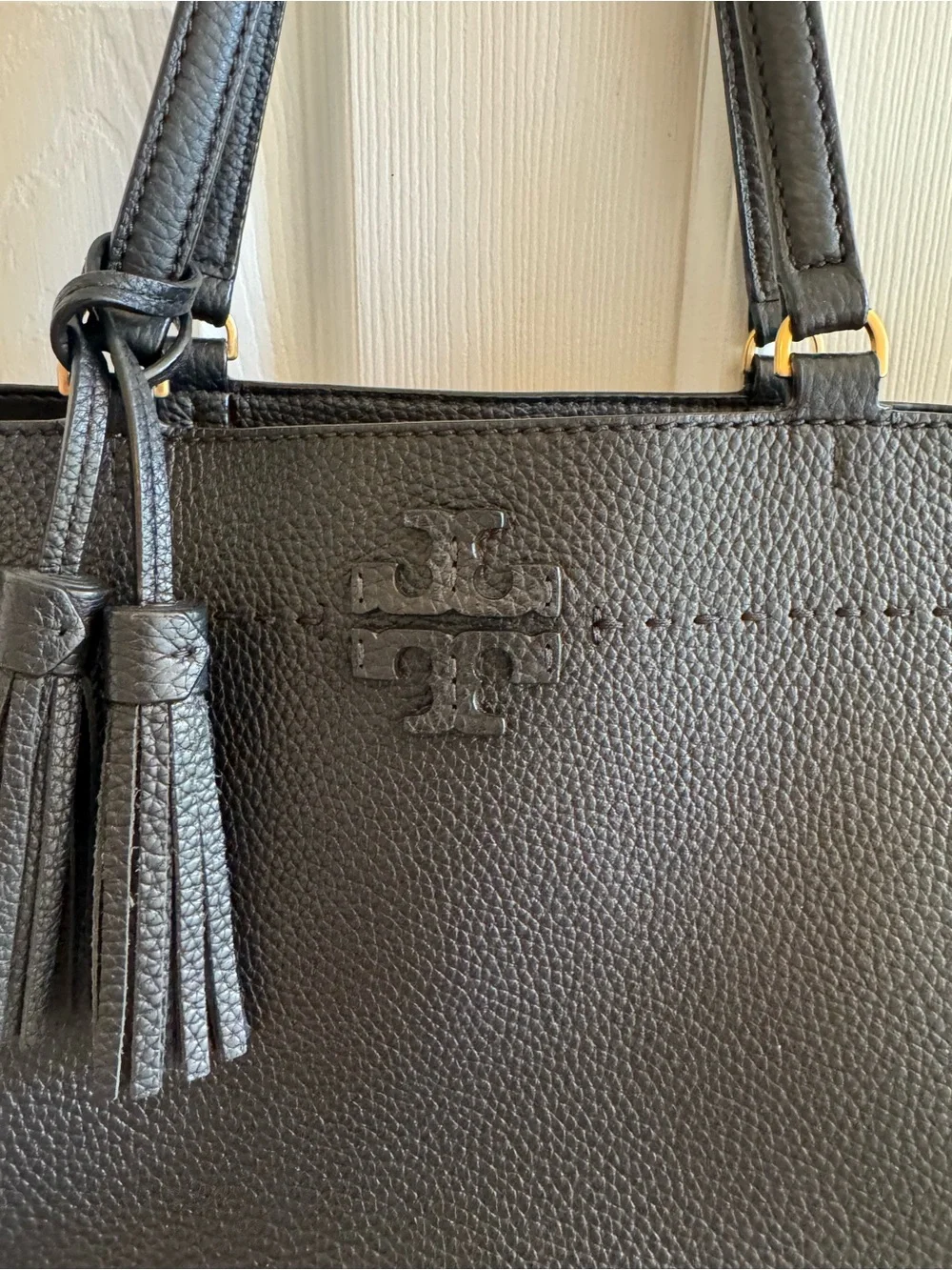 Tory Burch Black Leather Tassel Tote with Double Handles